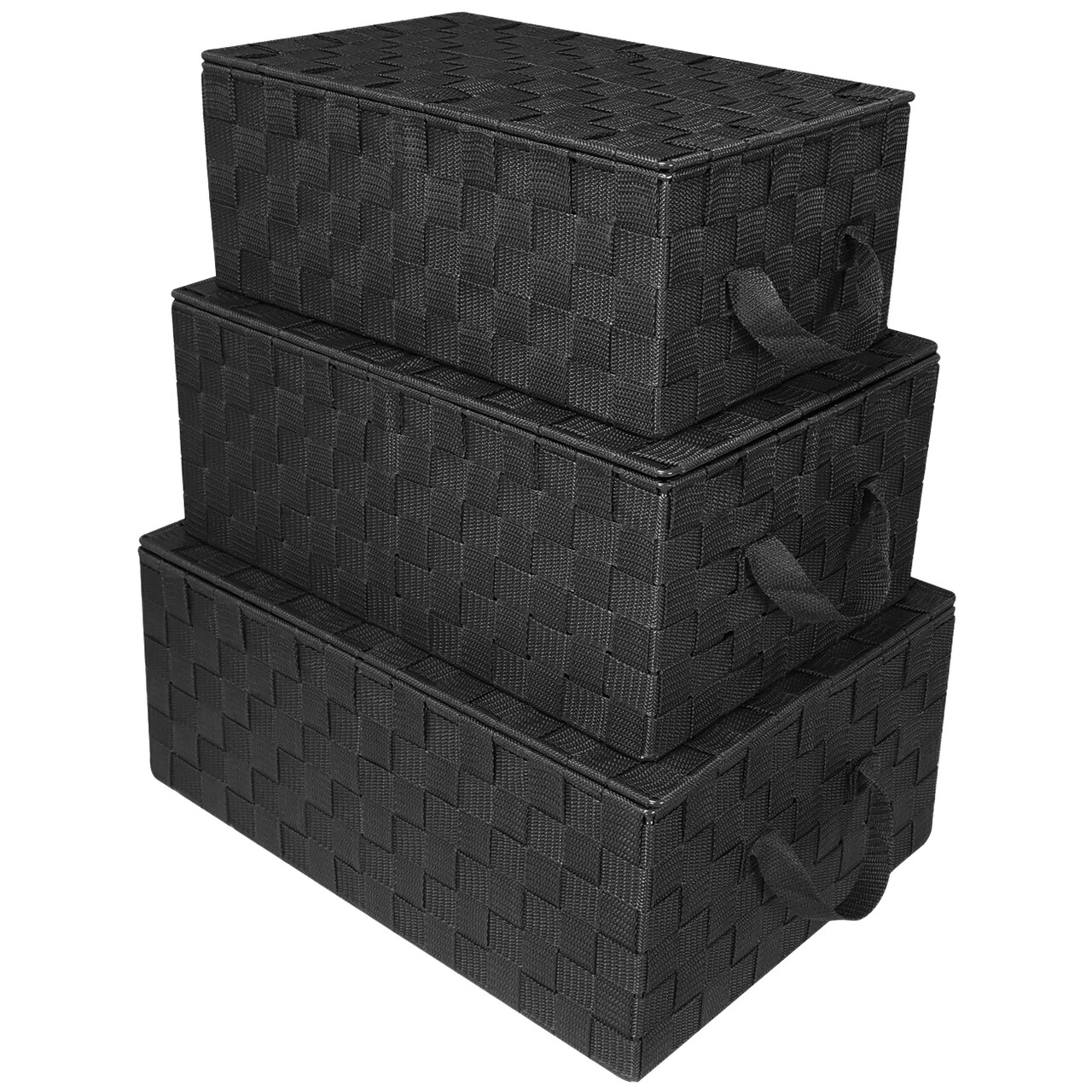 Sorbus 3 Pack Decorative Stackable Woven Basket with Lid and Built-in Rope Carry Handles - Great for Storage and Organization (Black)